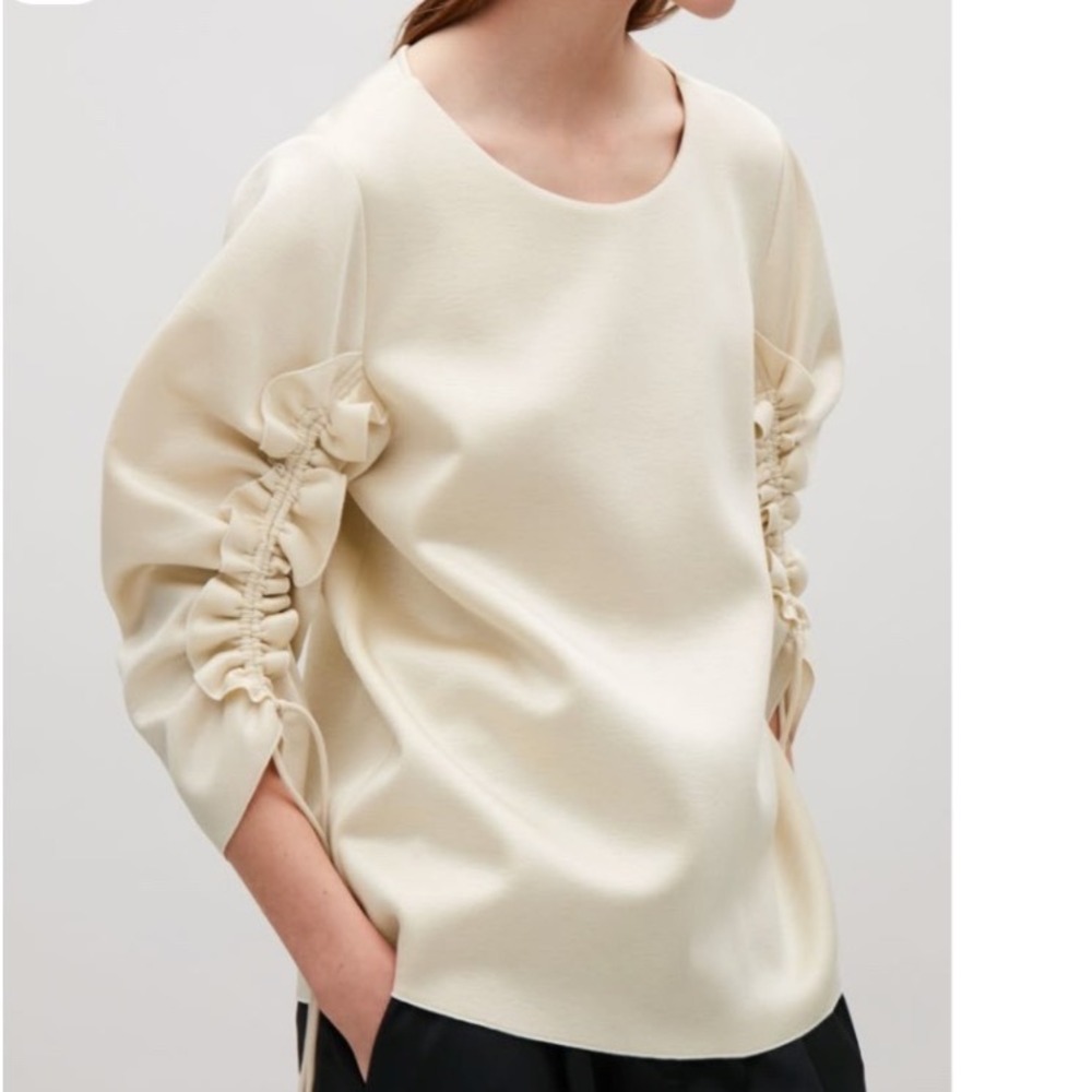 COS Cream Ruched Sleeve Drawstring Blouse Rayon Textured Top 0555139 6 Small